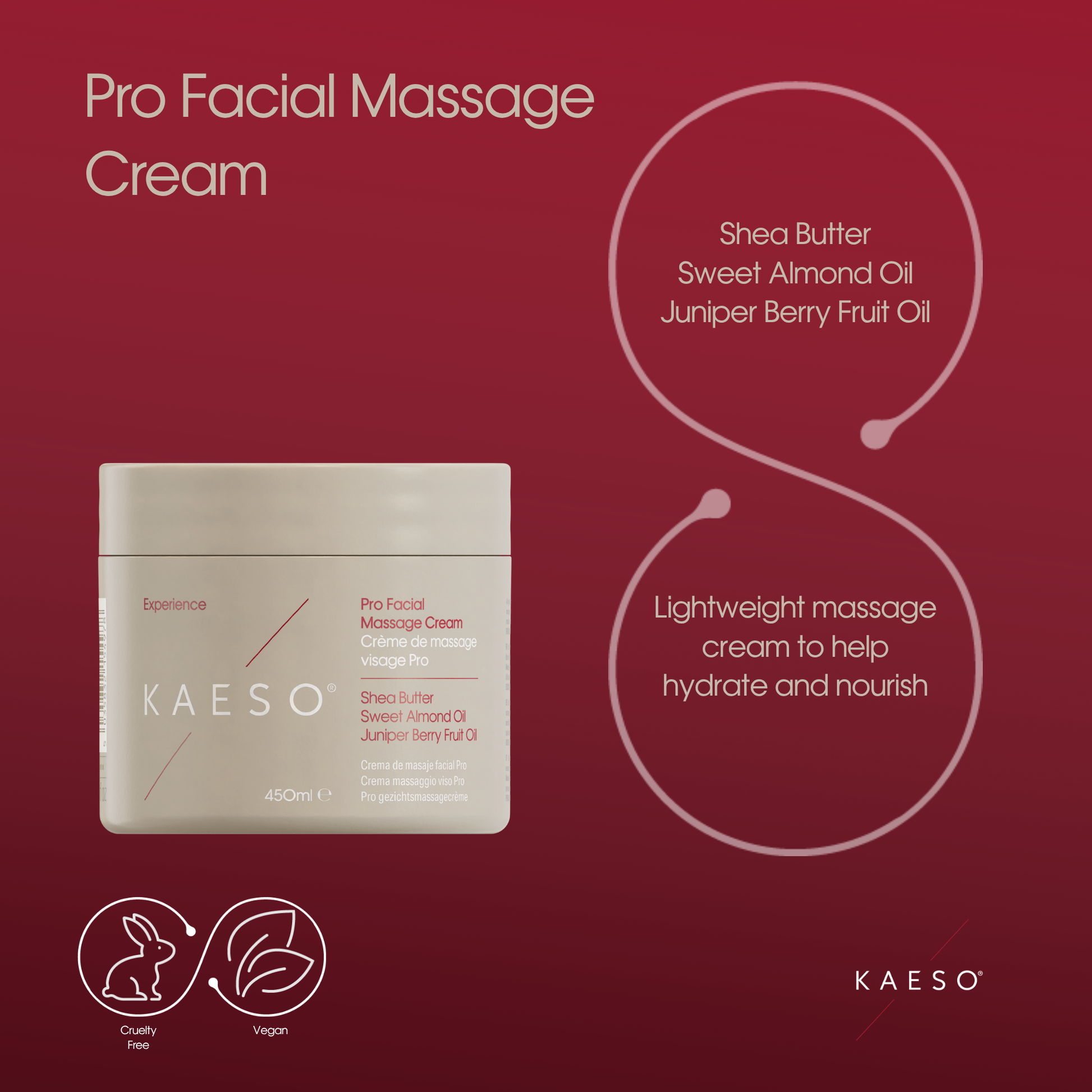 KAESO Pro Facial Massage Cream in a square beige jar, presented on a dark red background with ingredient callouts and product benefits.