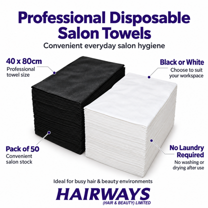 Two stacks of professional disposable salon towels, one black and one white, shown on a white background with promotional text and the brand name HAIRWAYS (HAIR & BEAUTY) LIMITED.