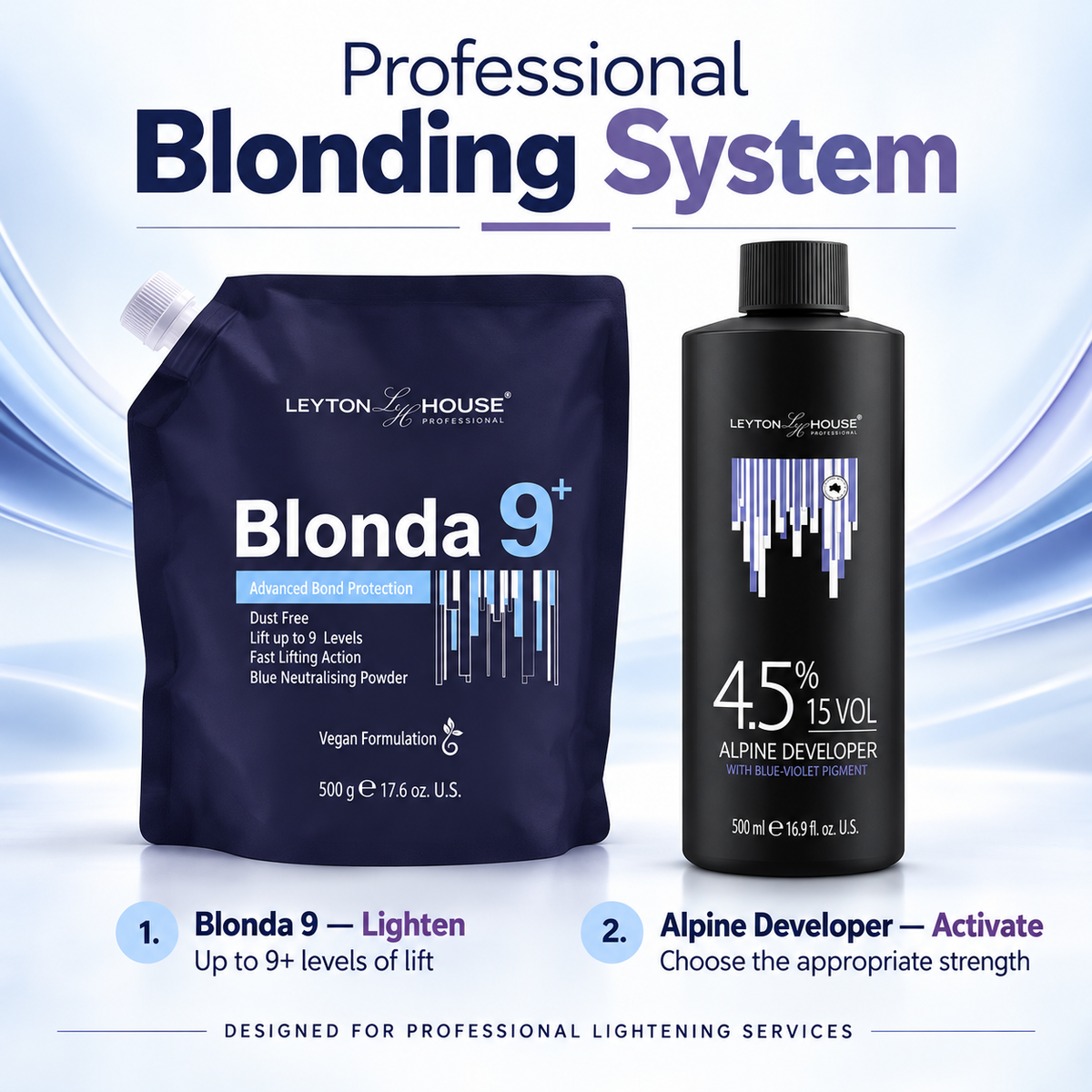 Leyton House Professional Blonding System kit featuring a navy blue Blonda 9+ powder pouch and a black 4.5% 15 Vol Alpine Developer bottle, with instructional text on a light blue gradient background.