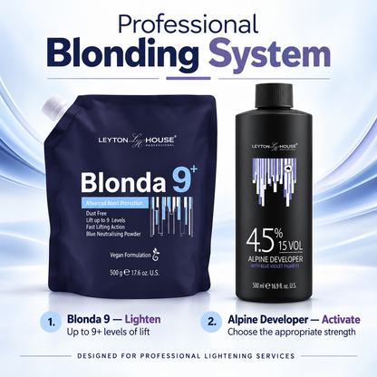 Leyton House Professional Blonding System kit featuring a navy blue Blonda 9+ powder pouch and a black 4.5% 15 Vol Alpine Developer bottle, with instructional text on a light blue gradient background.