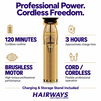 A cordless hair trimmer shown upright on a white background with promotional text, information and icons. The product is metallic gold with black detailing.