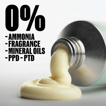 A close-up of a pale yellow cream or balm being squeezed from a silver tube onto a white surface, with large black text reading '0%' and a list of excluded ingredients: ammonia, fragrance, mineral oils, and PPD - PTD.