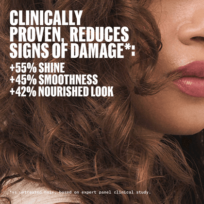 Close-up of a woman's face and hair with large white text reading 'CLINICALLY PROVEN, REDUCES SIGNS OF DAMAGE*:' and benefit claims about shine, smoothness, and nourished look.