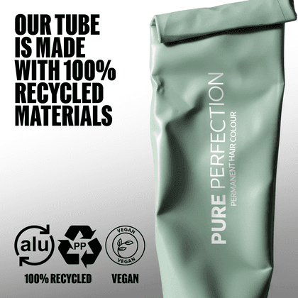 A mint green tube of Pure Perfection Permanent Hair Colour shown on a light gray background with promotional text about recycled materials and recycling icons.