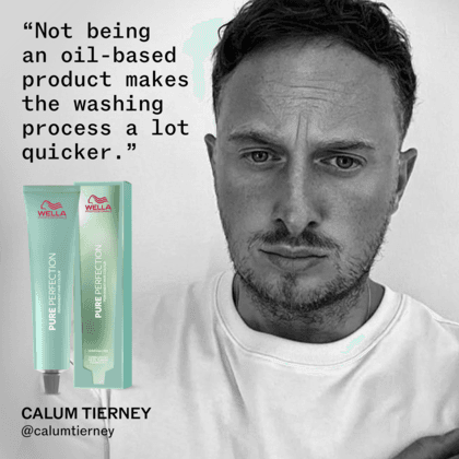 A black and white portrait of Calum Tierney with a quote on the left and two tubes of Wella Pure Perfection Hair Product shown at the bottom left, on a light gray background.