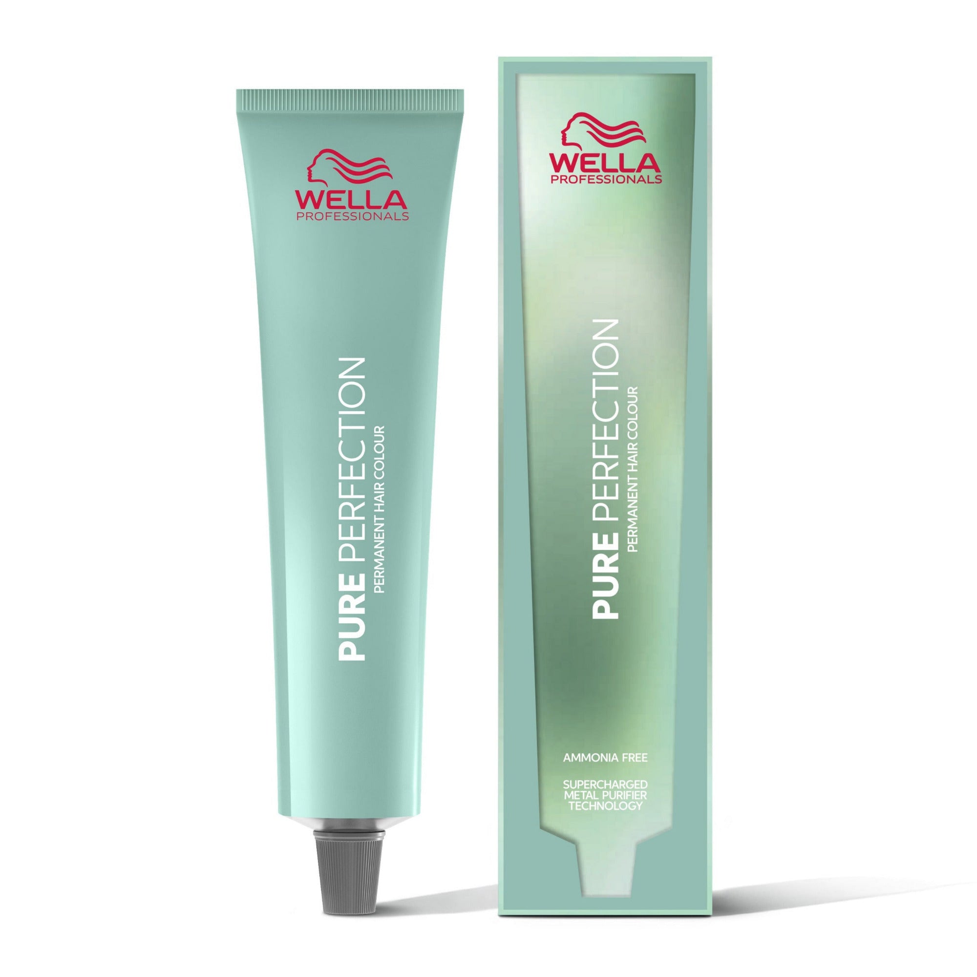 Wella Professionals Pure Perfection Permanent Hair Color in a mint green squeeze tube next to its matching outer packaging box, on a clean white background.