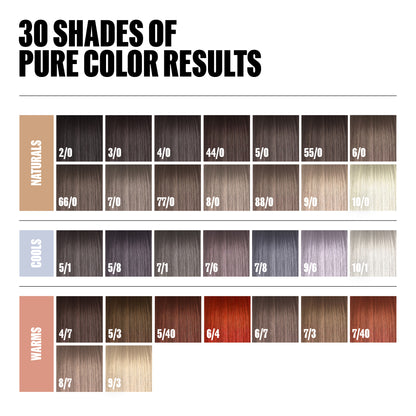 A color chart titled '30 SHADES OF PURE COLOR RESULTS' showing rows of hair swatches labeled Naturals, Cools, and Warms, each with shade numbers.