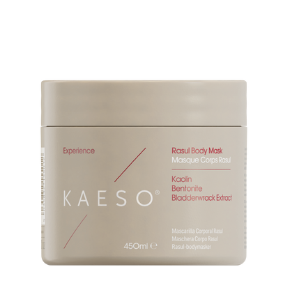 KAESO Experience Rasal Body Mask jar in Kaolin Bermeltra Blackswax Extract, 450ml, on a solid white background.