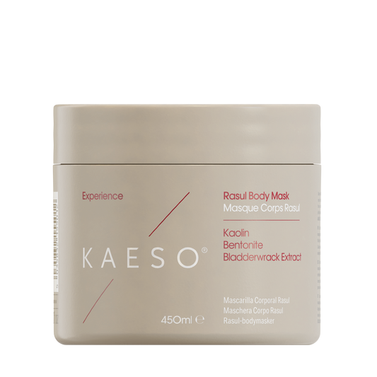 KAESO Experience Rasal Body Mask jar in Kaolin Bermeltra Blackswax Extract, 450ml, on a solid white background.