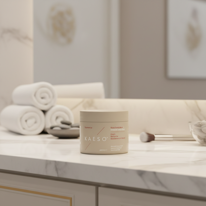 KAESO Experience Rasal Body Mask jar in Kaolin Bermeltra Blackswax Extract, 450ml, on a solid white background.