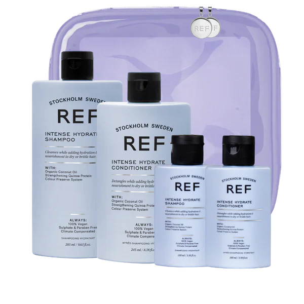 Stockholm Sweden REF hair care products including shampoo, conditioner, and a purple carrying case on a white background.