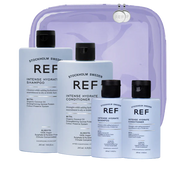 Stockholm Sweden REF hair care products including shampoo, conditioner, and a purple carrying case on a white background.
