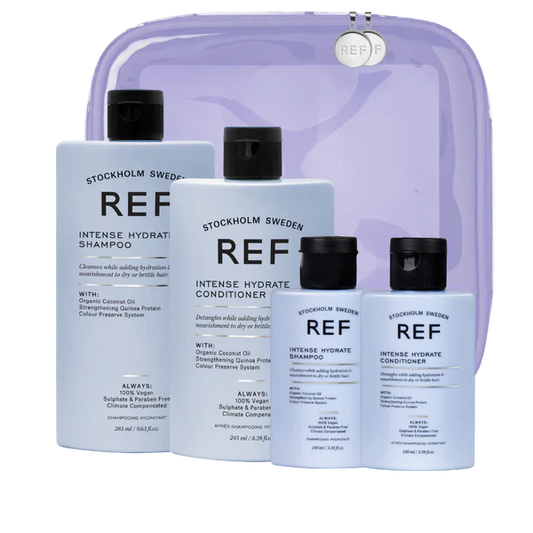 Stockholm Sweden REF hair care products including shampoo, conditioner, and a purple carrying case on a white background.