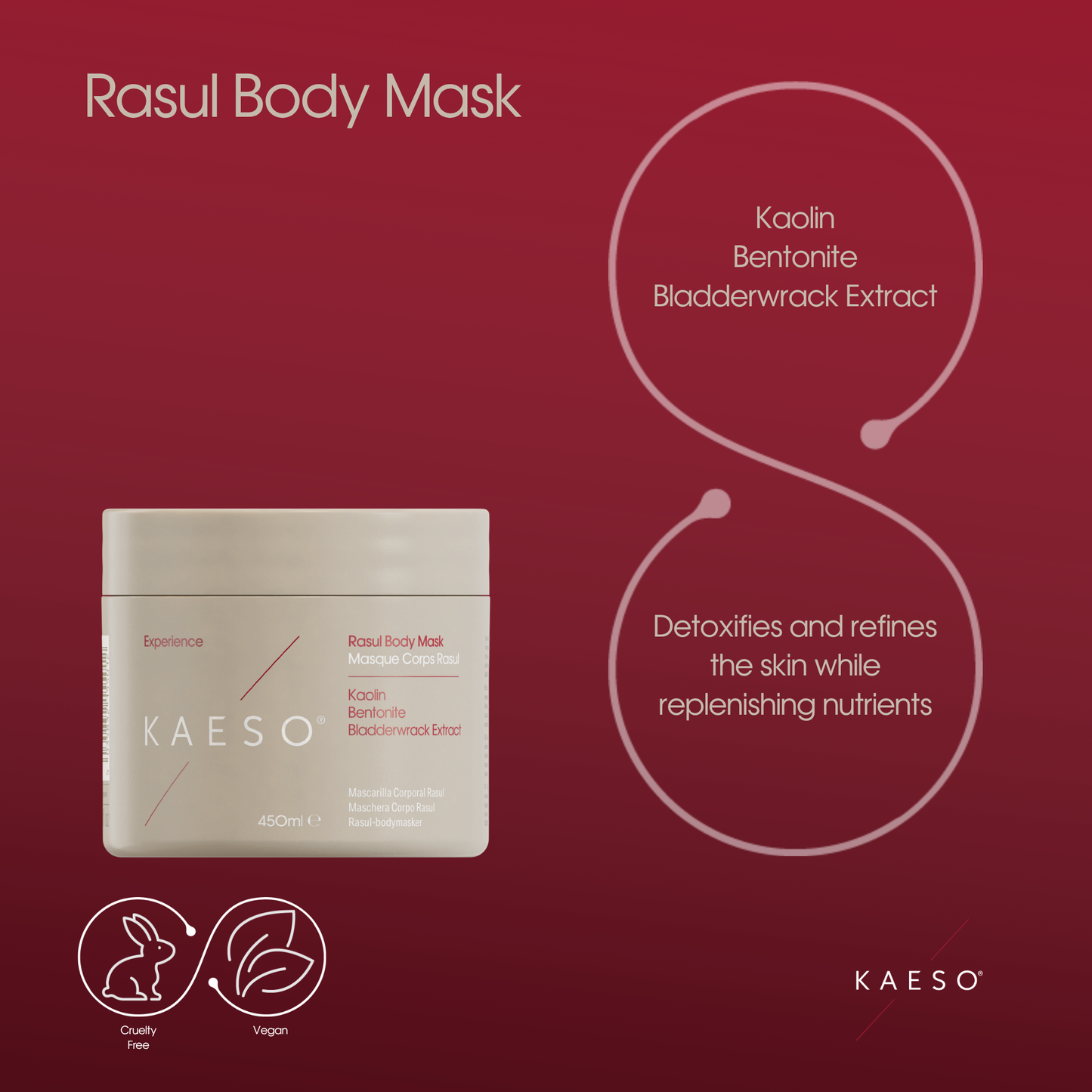 KAESO Rasul Body Mask jar on a dark red background with product details, ingredient text, and certification icons.