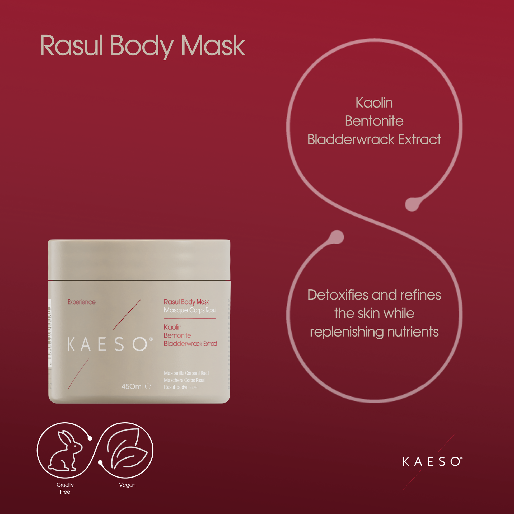 KAESO Rasul Body Mask jar on a dark red background with product details, ingredient text, and certification icons.