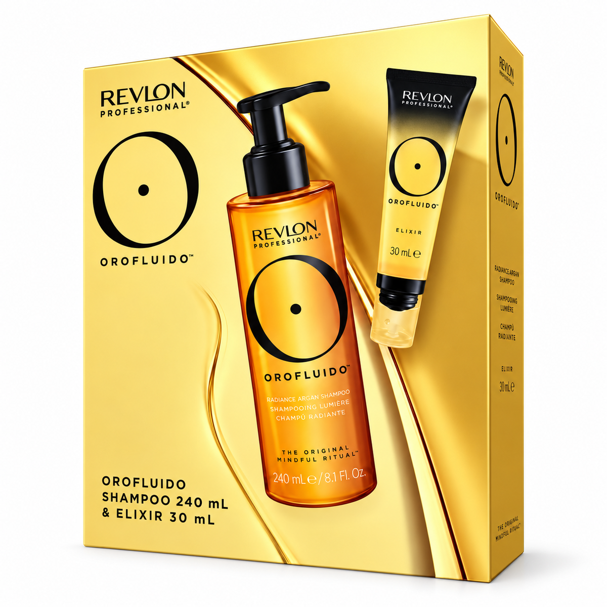 Revlon Professional Orofluido hair care set in a metallic gold box, featuring an orange shampoo bottle and a black-and-gold elixir tube.