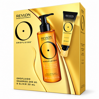 Revlon Professional Orofluido hair care set in a metallic gold box, featuring an orange shampoo bottle and a black-and-gold elixir tube.
