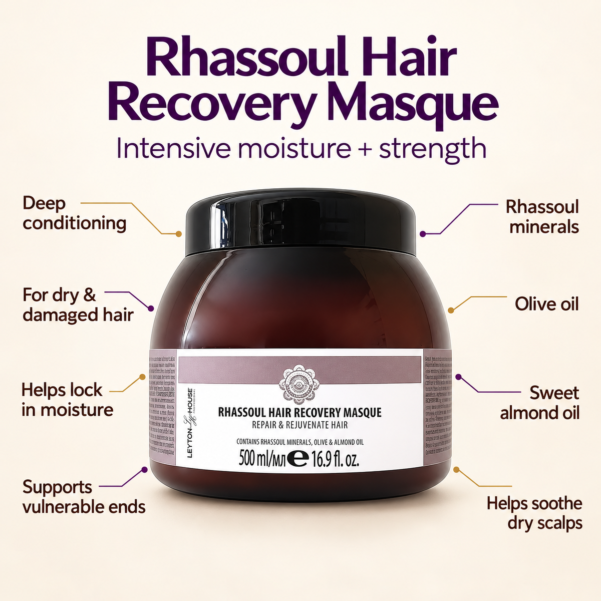 A bottle of Hair Rhassoul Hair Recovery Masque centered on a light beige background with callout text and arrows highlighting key ingredients and benefits.