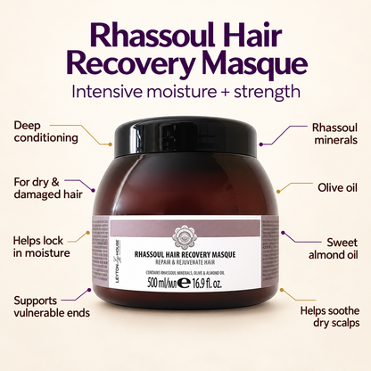 A bottle of Hair Rhassoul Hair Recovery Masque centered on a light beige background with callout text and arrows highlighting key ingredients and benefits.