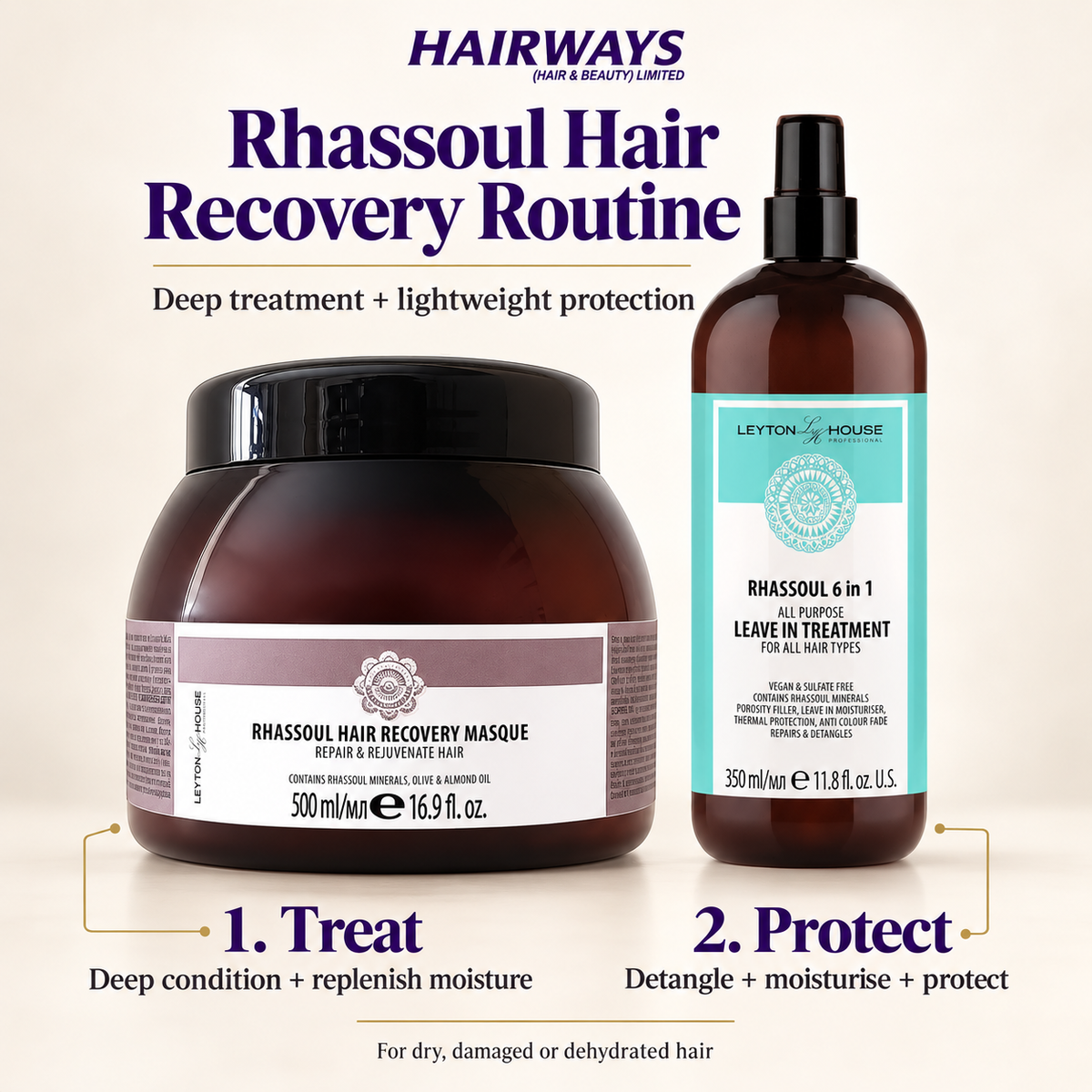 Hairways Rhassoul Hair Recovery Routine set featuring a large brown jar of Rhassoul Hair Recovery Masque and a matching brown spray bottle of Rhassoul & in 1 Leave In Treatment, displayed on a light beige background with step-by-step instructions.