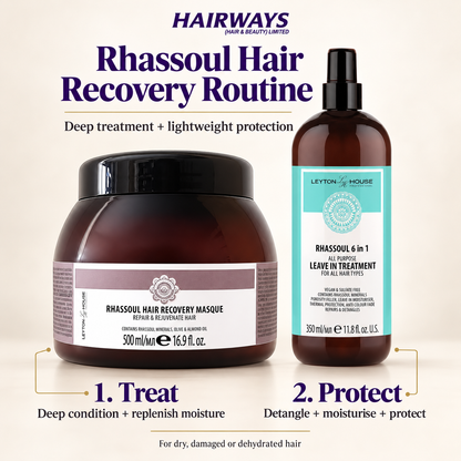 Hairways Rhassoul Hair Recovery Routine set featuring a large brown jar of Rhassoul Hair Recovery Masque and a matching brown spray bottle of Rhassoul & in 1 Leave In Treatment, displayed on a light beige background with step-by-step instructions.