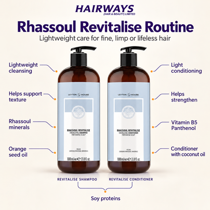 Hairways Rhassoul Revitalise Routine set featuring two amber pump bottles of shampoo and conditioner with black caps, surrounded by callout text lines and labels on a light beige background.