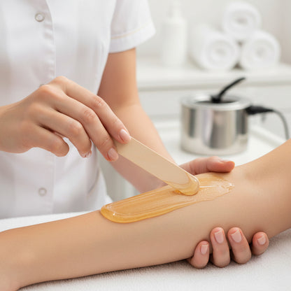 a beauty therapist applying wax using a wooden spatula