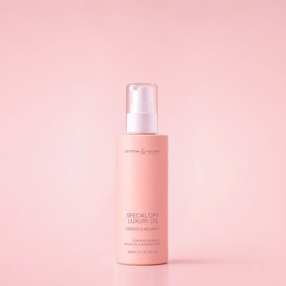 A bottle of Layton Cosmetics Special Ops Luxury Oil with a light pink body and a white pump dispenser, set against a solid light pink background.