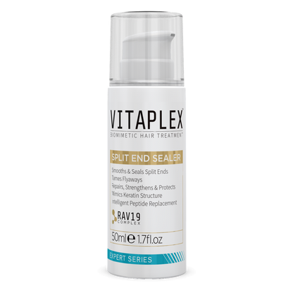 A bottle of Vitaplex Split End Sealer, primarily designed to smooth and seal split ends of hair.