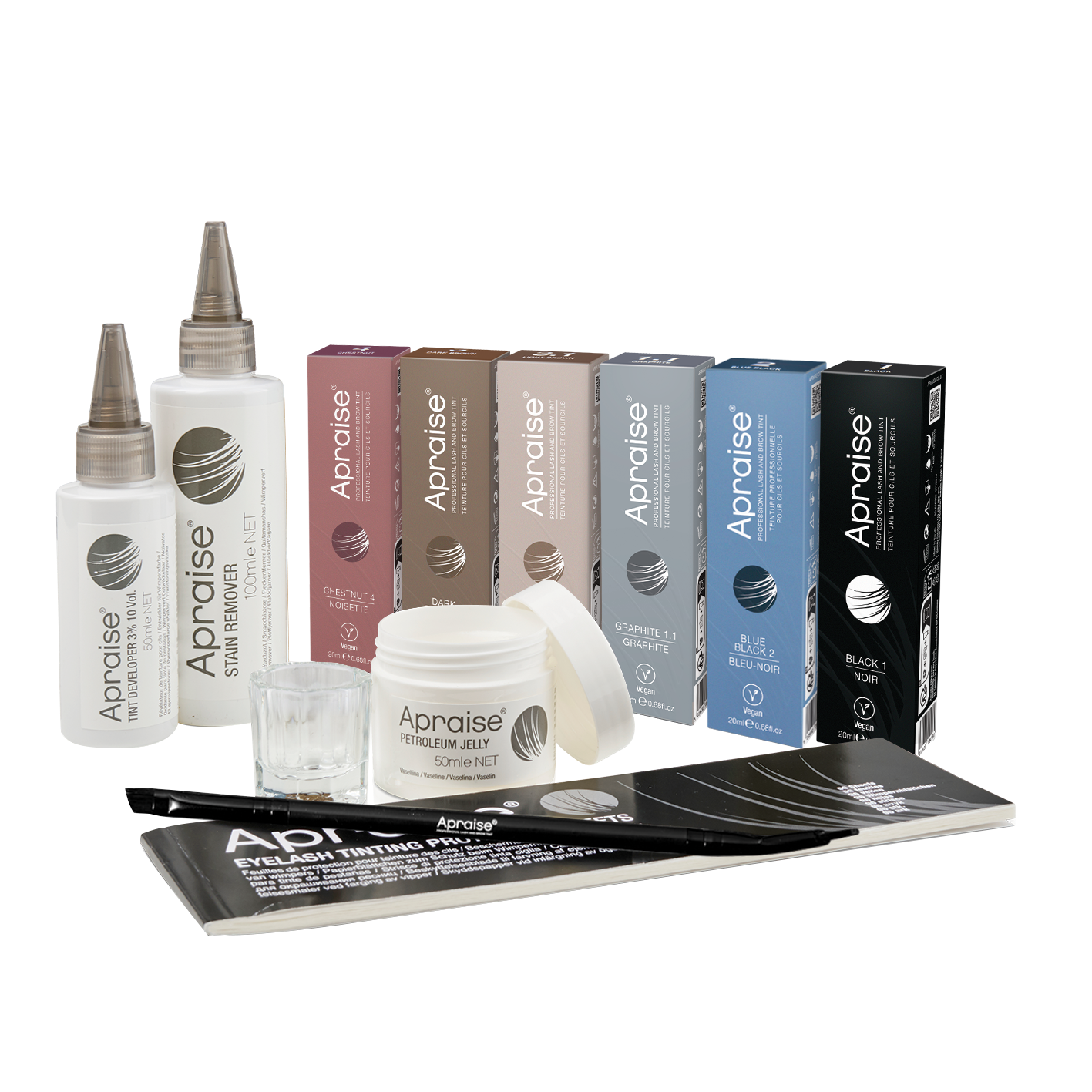 A collection of Aprise hair extension products, including two white bottles with silver applicator tips, several colored boxes in pink, brown, beige, gray, blue, and black, a white jar with its lid off, a small clear mixing cup, and black-and-white instruction sheets on a plain white background.