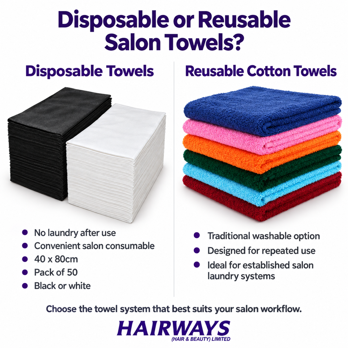An informational comparison graphic for salon towels, showing stacks of disposable black and white towels on the left and a stack of reusable cotton towels in blue, pink, orange, green, light blue, and red on the right. Text explains the differences between disposable and reusable options, and the brand HAIRWAYS (Hair & Beauty) Limited appears at the bottom.