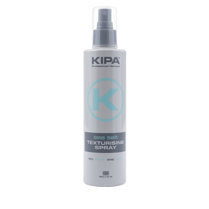 A bottle of Kipa Sea Salt Texturising Spray with a white and blue label, designed for creating a textured matt finish hairstyle.