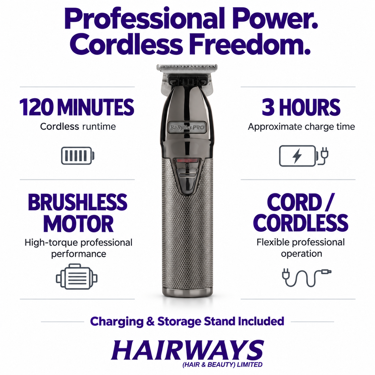 A cordless hair trimmer shown upright on a white background with promotional text, information and icons. The product is graphite and silver.