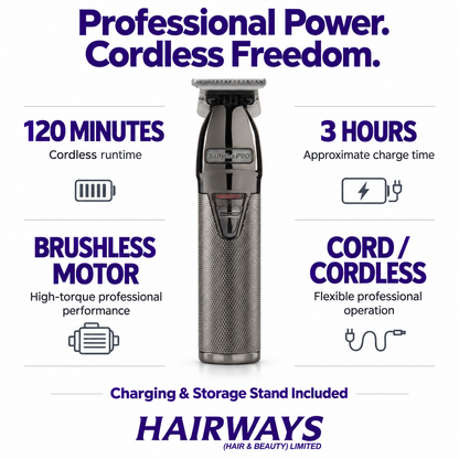 A cordless hair trimmer shown upright on a white background with promotional text, information and icons. The product is graphite and silver.