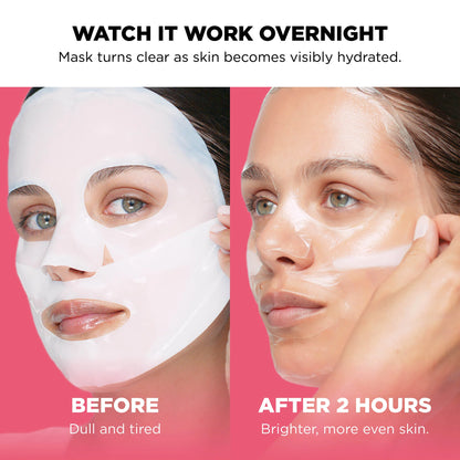 Before and after effect of a facial mask on a person's skin with text indicating hydration and brightness.