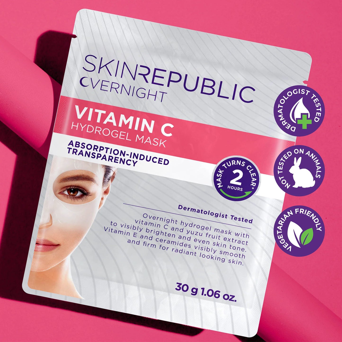 Skin Republic Vitamin C hydrogel mask packaging on a pink background