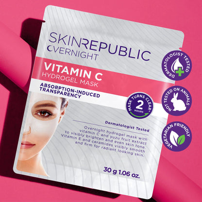 Skin Republic Vitamin C hydrogel mask packaging on a pink background
