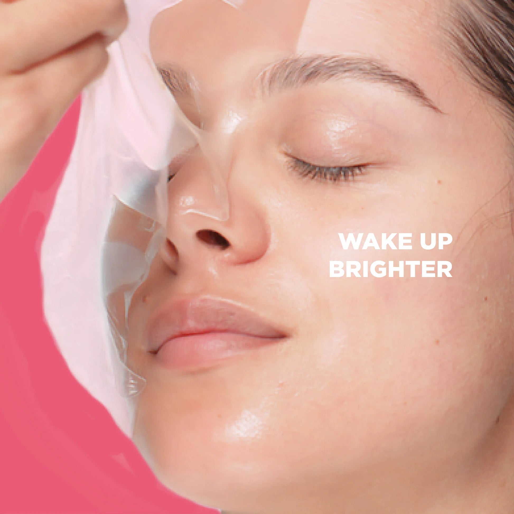 Close-up of a person applying a skincare product with 'Wake Up Brighter' text on a pink background