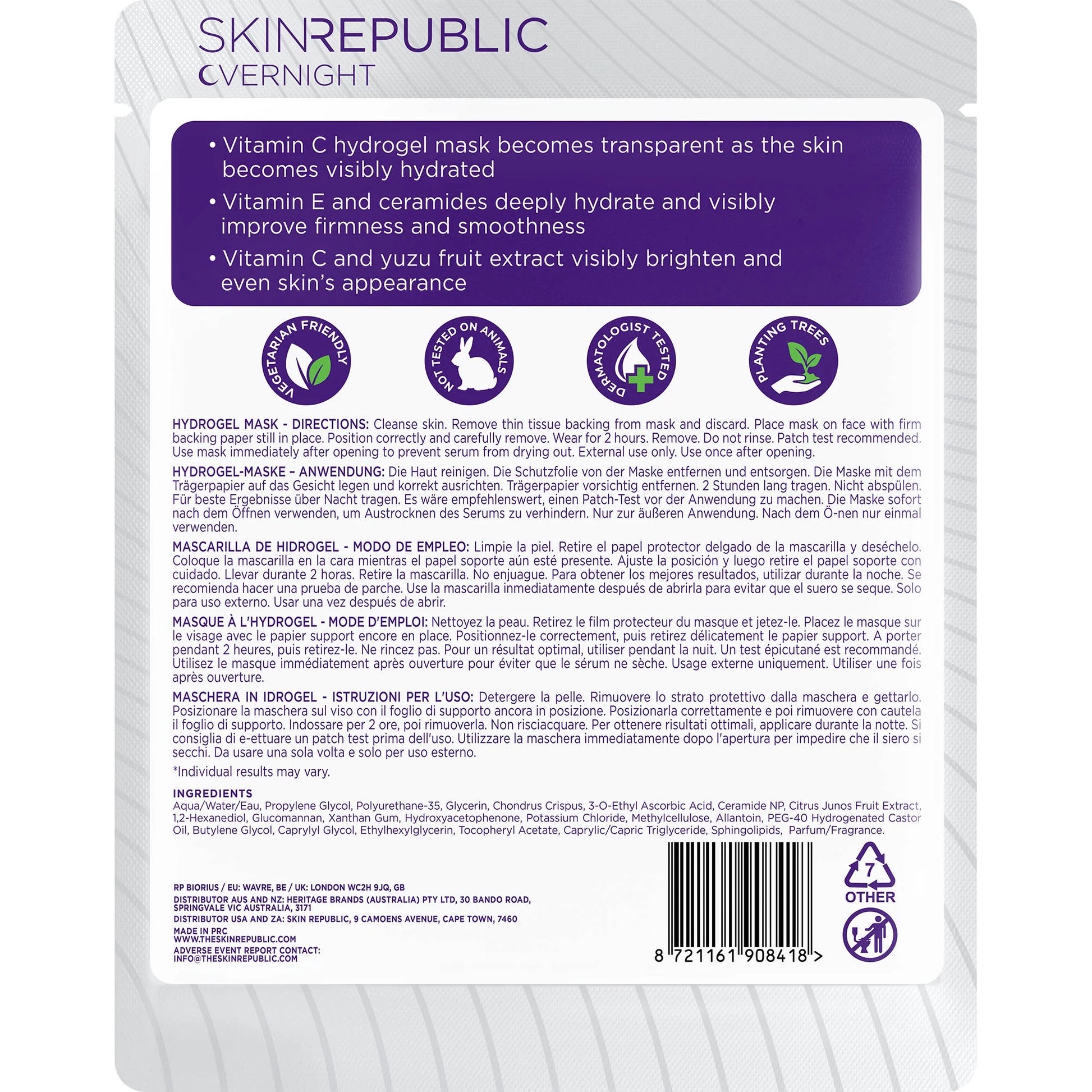 Back of a Skin Republic overnight vitamin C hydrogel mask packaging with text and icons.