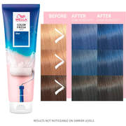 Wella Color Fresh blue hair mask tube and before-after hair color results chart for low and high porosity hair.