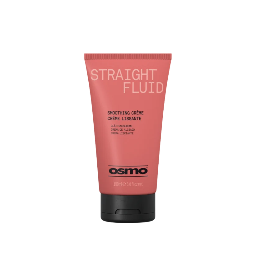 A tube of Osmo Straight Fluid Smoothing Crème on a plain white background. The tube is a dusty coral pink with white and black text, and has a black flip-top cap.