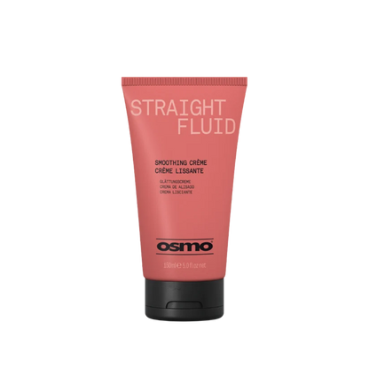 A tube of Osmo Straight Fluid Smoothing Crème on a plain white background. The tube is a dusty coral pink with white and black text, and has a black flip-top cap.
