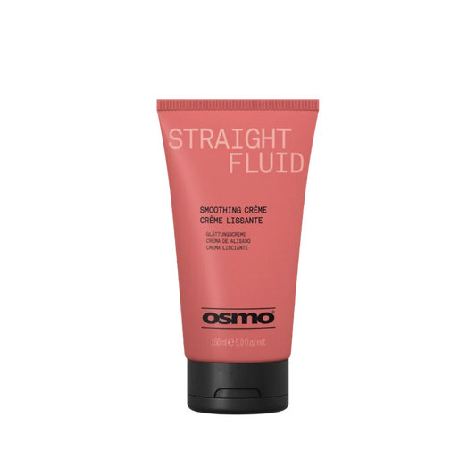 A tube of Osmo Straight Fluid Smoothing Crème on a plain white background. The tube is a dusty coral pink with white and black text, and has a black flip-top cap.