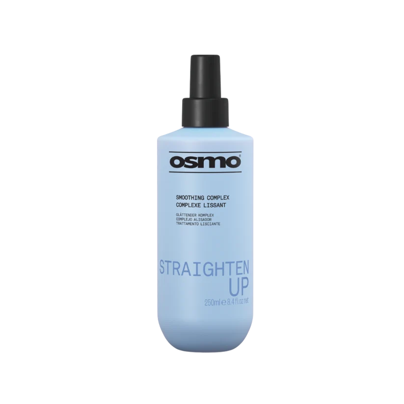 A bottle of Osmo Straighten Up smoothing complex in a light blue bottle with a black spray nozzle, shown on a plain white background.