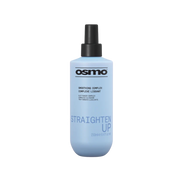 A bottle of Osmo Straighten Up smoothing complex in a light blue bottle with a black spray nozzle, shown on a plain white background.