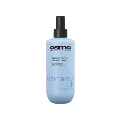 A bottle of Osmo Straighten Up smoothing complex in a light blue bottle with a black spray nozzle, shown on a plain white background.