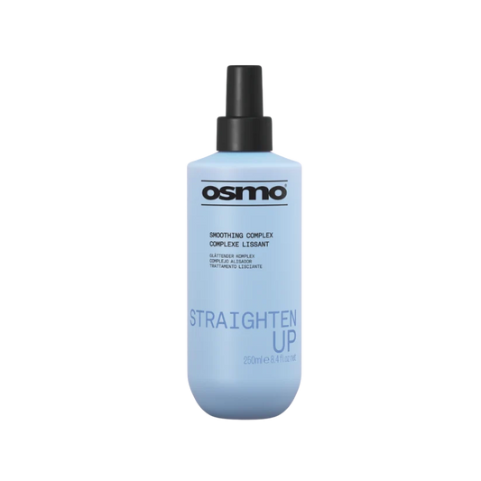 A bottle of Osmo Straighten Up smoothing complex in a light blue bottle with a black spray nozzle, shown on a plain white background.