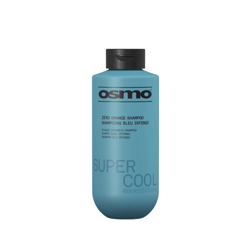A bottle of Osmo Zero Orange Shampoo in the Super Cool Blue Intense variant, featuring a light blue bottle and a black cap on a plain white background.