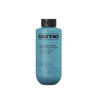 A bottle of Osmo Zero Orange Shampoo in the Super Cool Blue Intense variant, featuring a light blue bottle and a black cap on a plain white background.