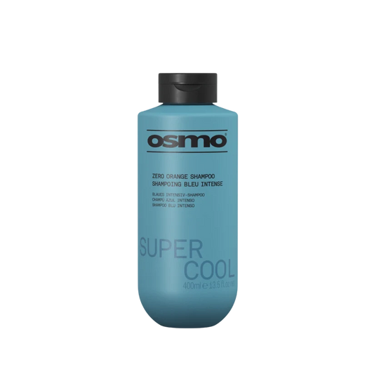 A bottle of Osmo Zero Orange Shampoo in the Super Cool Blue Intense variant, featuring a light blue bottle and a black cap on a plain white background.